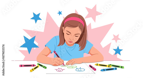 Illustrative artwork shows a girl drawing with crayons with the focus of creative fun