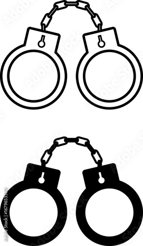 Crime Icons. Black and White Vector Illustrations. Handcuffs, Arrest. Action Which Causes Physical, Material or Moral Harm, Prohibited by the Criminal Code. Concept Justice