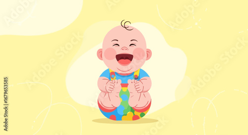 Illustrative Adorable Laughing Baby in Playful Colorful Attire with Whimsical Background