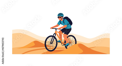 Illustrative depiction of a cyclist traversing desert dunes on a mountain bike for travel