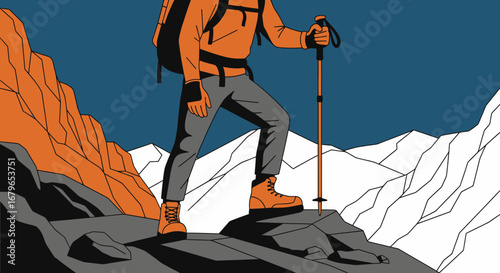 Illustrative Depiction Of A Hiker Ascending A Mountainous Terrain With Trekking Pole