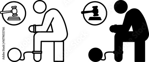 Guilty Icons. Black and White Vector Illustrations. Criminal in Handcuffs and Judge's Gavel. Man Who Committed a Crime. Justice Concept
