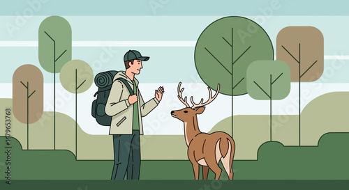 Illustrative depiction of a hiker greeting a deer in a serene forest landscape