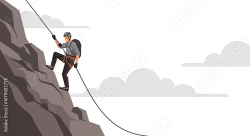 Illustrative Depiction Of A Mountain Climber Scaling Up A Rock Face With Clouds Above