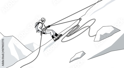Illustrative depiction of a mountaineer rappelling down a steep mountain face with ropes