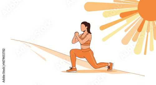 Illustration of a Woman Doing Lunges Exercise in Orange Sportswear in Sunny Environment