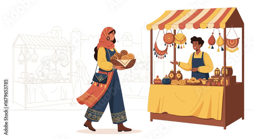 Illustrative Depiction Of A Marketplace Scene, Featuring People And Stalls, Walking By