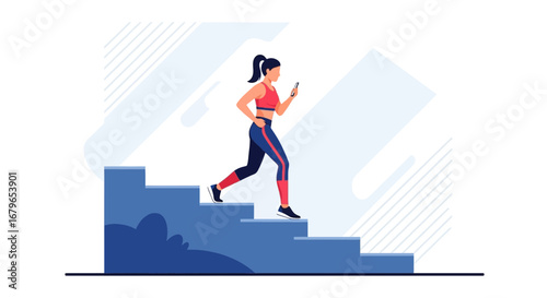 Illustration of a woman exercising while using a smartphone on the stairs with a fitness theme