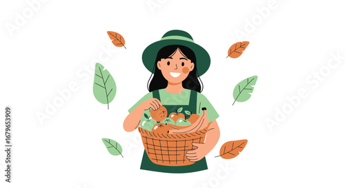 Illustration of a woman farmer holding basket of fresh fruits from harvest in the autumn