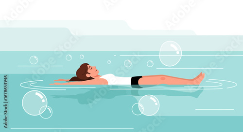 Illustration of a woman floating and relaxing in water therapy for wellness and self care