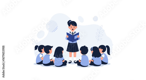 Illustrative Depiction of a Teacher Reading to Children in a Classroom Environment