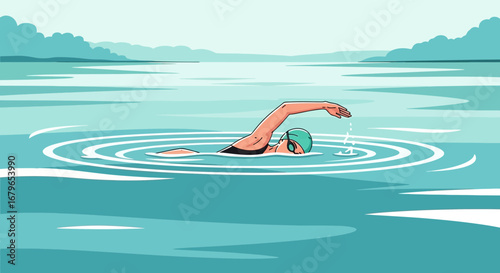 Illustrative Depiction Of A Swimmer During The Freestyle Technique In Calm Waters