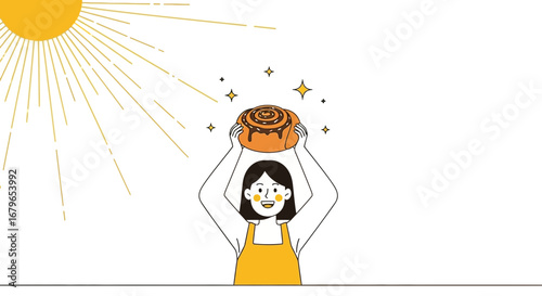 Illustration of a woman holding a cinnamon roll symbolizing joy and bakery goodness
