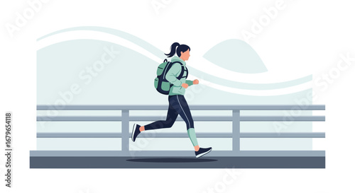 Illustration of a woman jogging outdoors with a backpack during the day