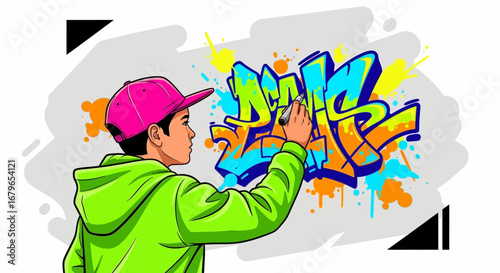 Illustrative Depiction Of Street Artist Creating Energetic Graffiti Artwork Design