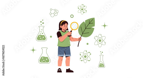 Illustrative Depiction Of Young Learner Examining Leaf With Magnifying Glass In Lab