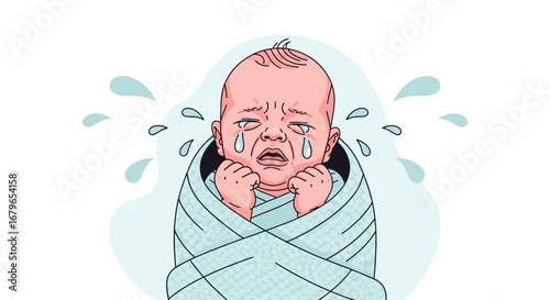 Illustrative Design Showing a Crying Baby Wrapped in a Swaddling Cloth Cartoon Illustration