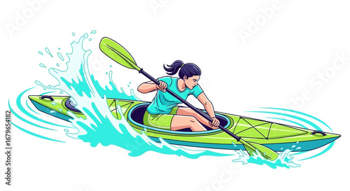 Illustration of a woman kayaking in the water with a paddle and water splash