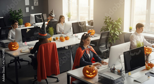 Modern office decorated with pumpkins and employees in subtle costumes, Halloween corporate concept