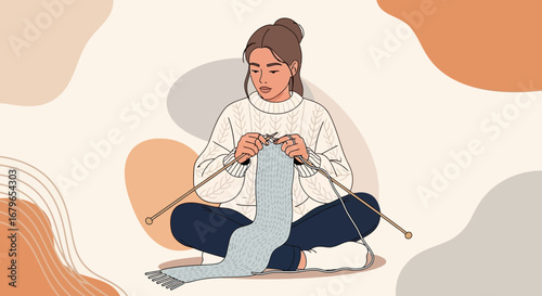 Illustration of a woman knitting a scarf with a stylish sweater and colored background
