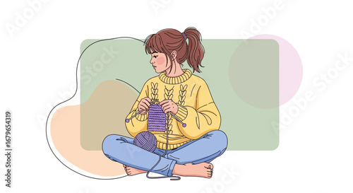 Illustration of a woman knitting with yarn on a cozy setting sitting down on the floor