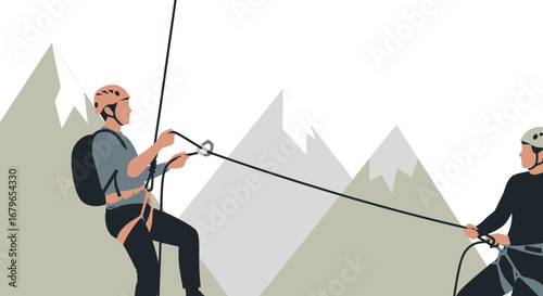 Illustrative image of two climbers practicing abseiling with mountains at the background