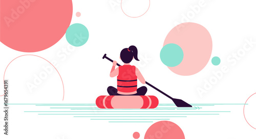 Illustration of a woman paddle boarding on the water in a minimalist style