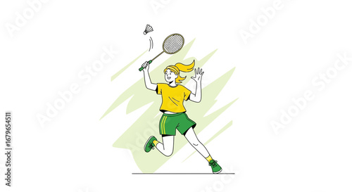 Illustration of a woman playing badminton, ready to hit the shuttlecock on a white background