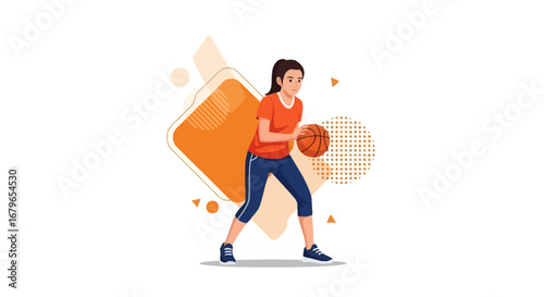 Illustration of a woman playing basketball dribbling the ball in a minimalist style design