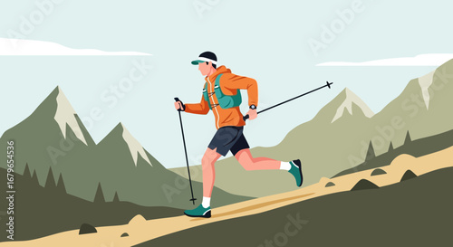 Illustrative runner in mountainous terrain using poles for outdoor exercise and adventure