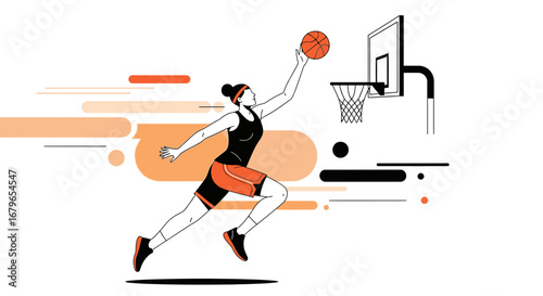 Illustration of a woman playing basketball, shooting the ball towards the hoop