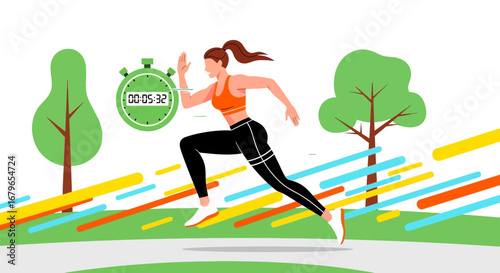 Illustration of a woman running with a timer in a park symbolizing fitness