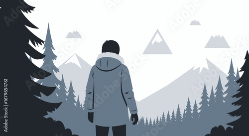 Individual Contemplating Majestic Mountains And Trees Amidst A Serene Winter Landscape