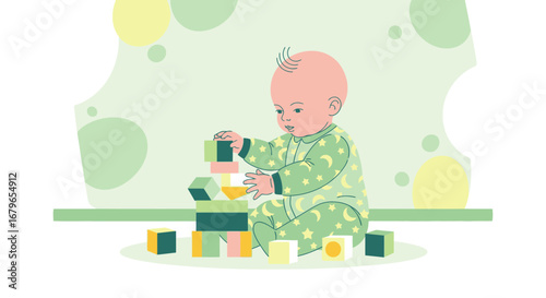 Infant Engaged In Creative Construction With Colorful Wooden Building Blocks Design