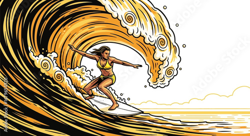 Illustration of a woman surfing a large wave in a yellow and black style