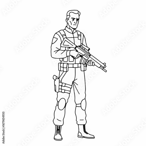 Soldier with Assault Rifle Line Art