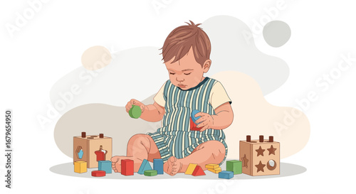 Infant Playing With Colorful Wooden Blocks Enjoying Creative Imagination And Developing Skills