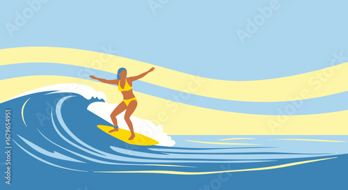 Illustration of a woman surfing a wave in a beautiful beach with color pallete