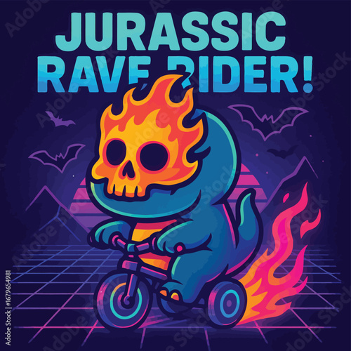 Jurassic Rave Rider: A Dinosaur Skeleton On Fire Cycling Through a Synthwave Landscape Full of Bats and Mountains