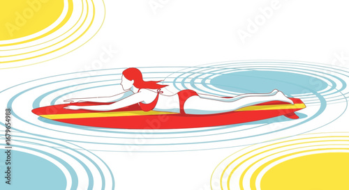 Illustration of a woman surfing on a board in the water with a minimalist art style