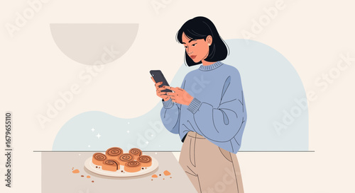 Illustration of a woman using her phone next to a plate of cinnamon rolls in a minimalist style