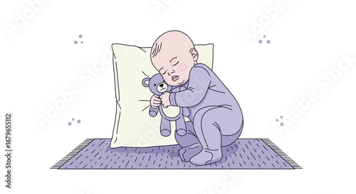 Infant's Peaceful Slumber With Stuffed Toy On Bed, A Gentle Visual Display