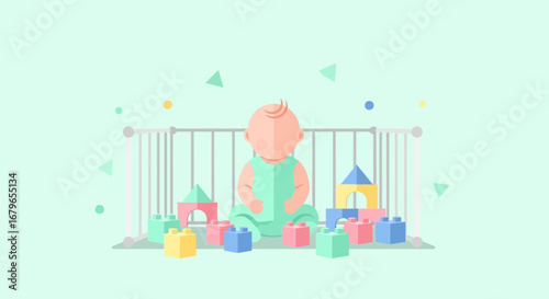 Infant's Playtime: Colorful Blocks and Baby Safely Enclosed Within a Secure Environment