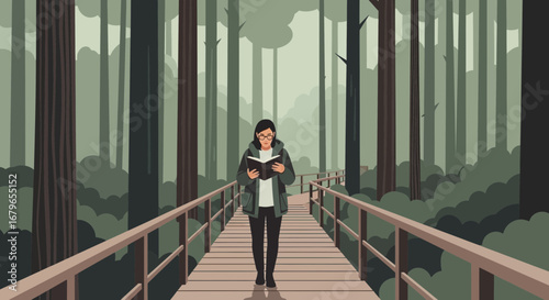 Illustration of a woman walking and reading a book on a forest trail