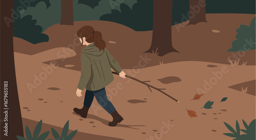 Illustration of a woman walking in a forest with a stick on an autumn day