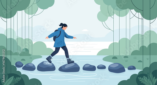 Illustration of a Woman Walking on Stones in a River With a Forest Background