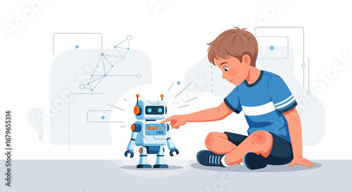 Intrigued Child Interacts With Artificial Intelligence Robot, Exploring Futuristic Technology