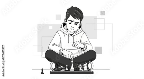 Introspective Young Person Contemplating Chess Moves, Strategy and Thoughtfulness Depicted.