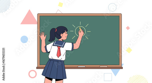 Japanese Schoolgirl Drawing Sun on Blackboard Illustrates Learning and Education.