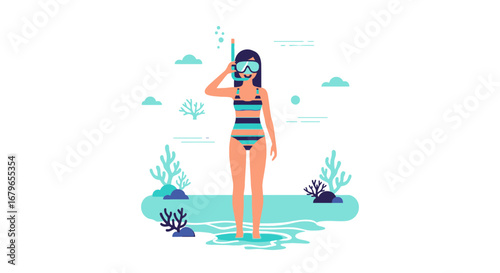 Illustration of a woman wearing a snorkeling mask, ready for underwater adventure